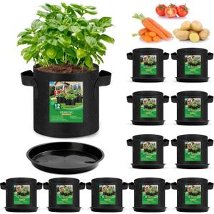 Funnymoom 12 Sets 3 Gallon Grow Bags with Plant Saucers, Durable Fabric Plant Pots with Handles, Aeration Drainage Planter Bags for Planter, Reusable Garden Bags Drip Trays Set for Indoor Outdoor