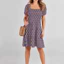 ANRABESS Womens 2026 Summer Casual Dress Square Neck Puff Sleeve Boho Beach Vacation Short Dress