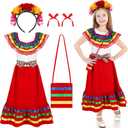 6 Pcs Mexican Dress for Girls Traditional Cinco De Mayo Dress with Flower Headpiece Fiesta Dress Costume (for 4 Years)
