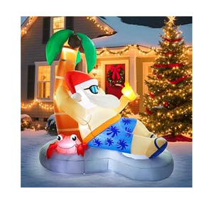 7FT Christmas Inflatable Outdoor Decorations, Hawaiian Santa Claus Cheers Pool Party with Reindeer & Penguin, Blow Up Bathtub Yard Decor with Builtin LED Lights for Holiday Outdoor Indoor