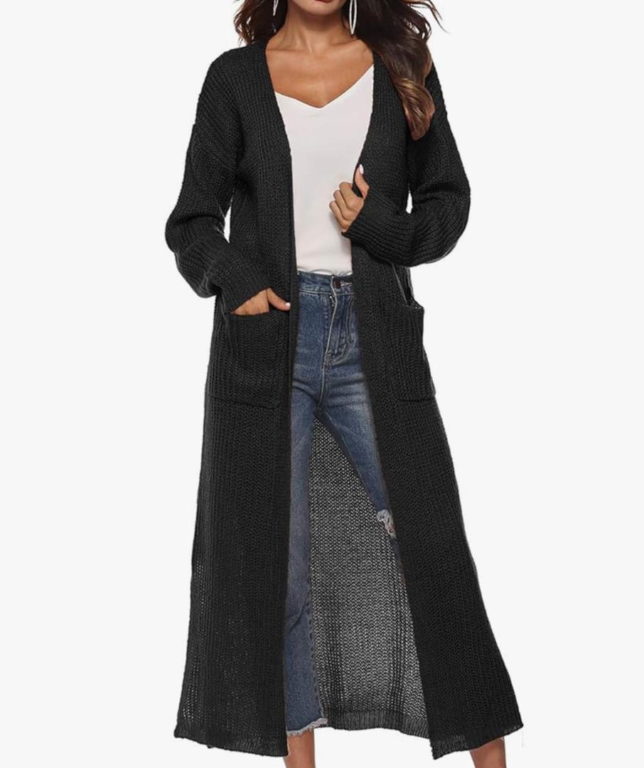 Womens Casual Long Sleeve Split Open Cardigan Knit Long Cardigan Sweaters with Pockets Fall Fashion 2024 Black Medium, Black 