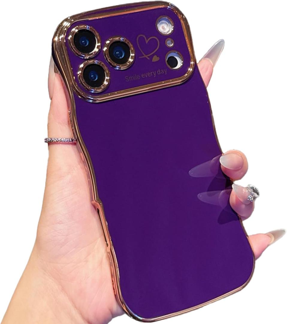 IDweel for iPhone 17 Pro Max Case for Women Girls, Luxury Cute Wave Frame Curly Shape with Love Heart Raised Camera Protection Slim Fit Cover Plating Shockproof Lightweight Phone Case, Dark Purple