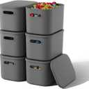 6 Pack Grey Storage Bins with Lids Stackable Storage Container for Organizing, Storage Boxes with Handle for Shelves, Cute Organizer Bins for Craft, Snacks, 9.85x6.9x5.7 inch