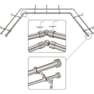 Brushed Nickel Double Corner Window Curtain Rods with Aluminum End Cap Finials and Brackets,1 Inch Diameter Dual Bay Window Curtain Rods, Adjustable 2 Sided 20-36" and 36-72" Center Rod