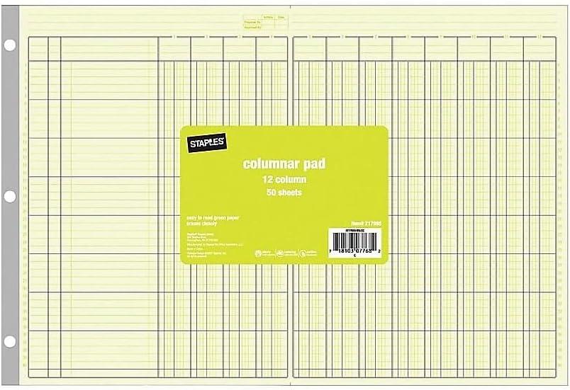 Staples Columnar Book, 12 Columns, 16.31" x 11", Green, 50 Sheets/Book (217885)
