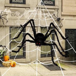 JOYIN Halloween Spider Web and 59'' Giant Spider, 16.4 x 15.7 Ft Large Triangular Web for Outdoor Decoration, Giant Spiderweb for Patio, Garden, Yard, Haunted House Decor, Indoor Home Party Supplies