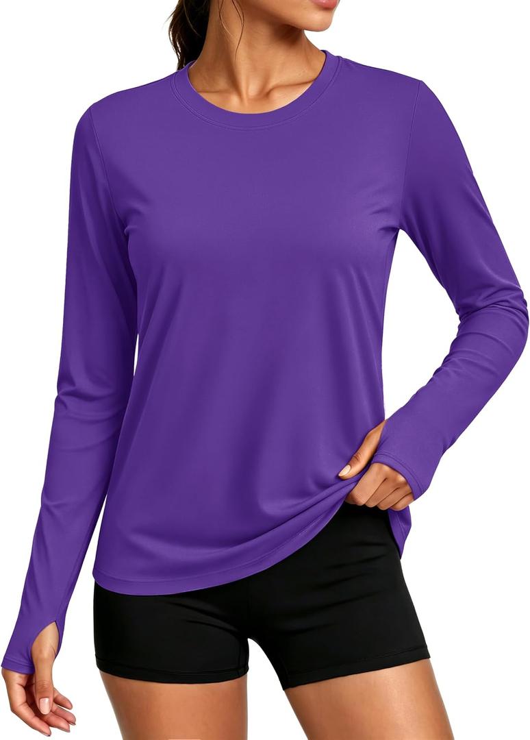 MAGCOMSEN Women's Long Sleeve Rash Guard Tshirts UPF 80+ Quick Dry Sun Shirts Swim Running Workout Tops with Thumb Holes, medium