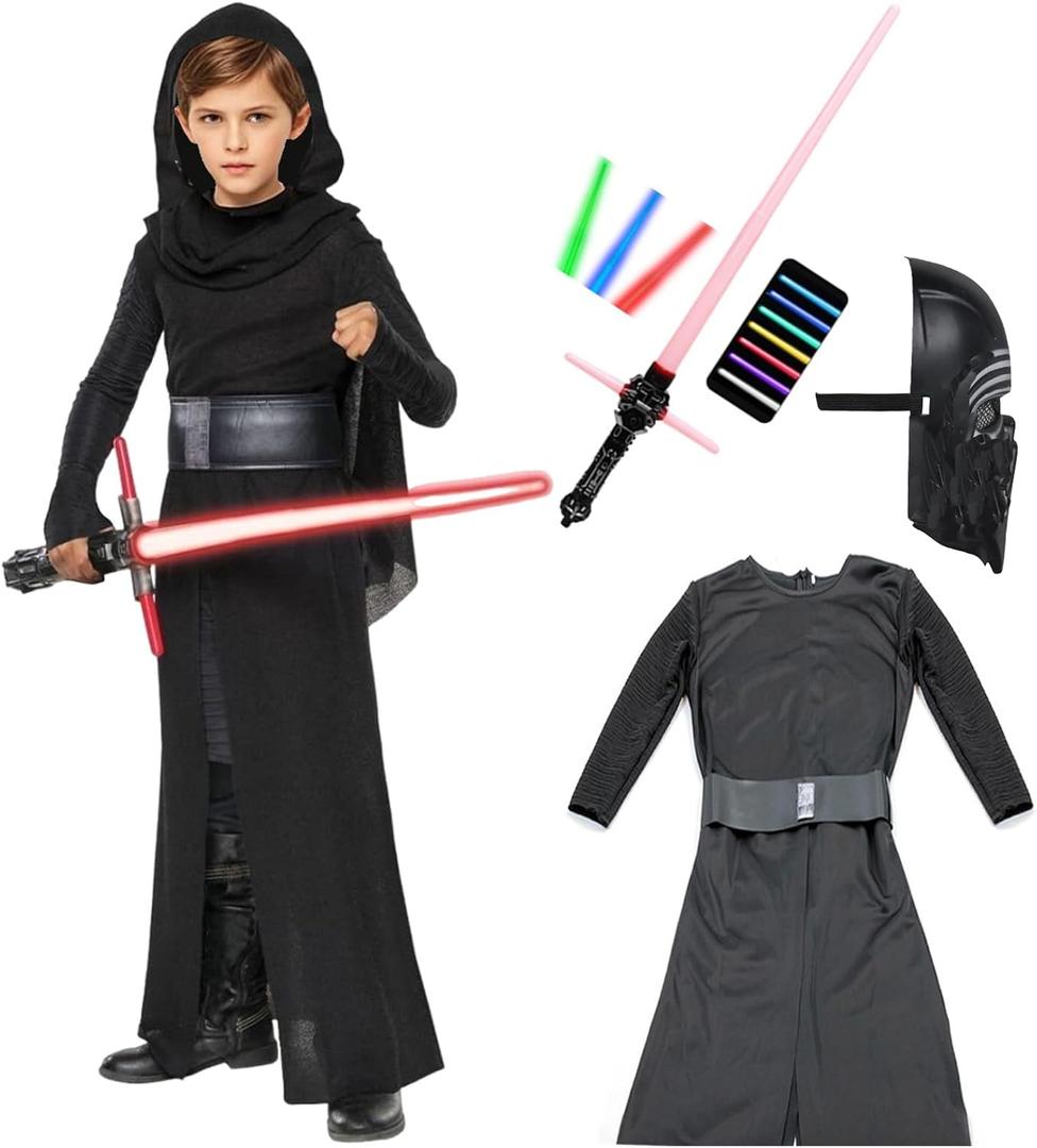 Black Alien Costume Kids 5Pcs Knight Costume Lightsaber Black Anime Mask Halloween Outfits Cosplay Props (Large)