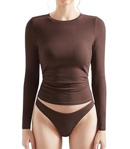 OMKAGI Women Long Sleeve Shirts Cotton Ribbed Fitted Basic Tops Crewneck Y2K Top(XL, Chocolate-252)