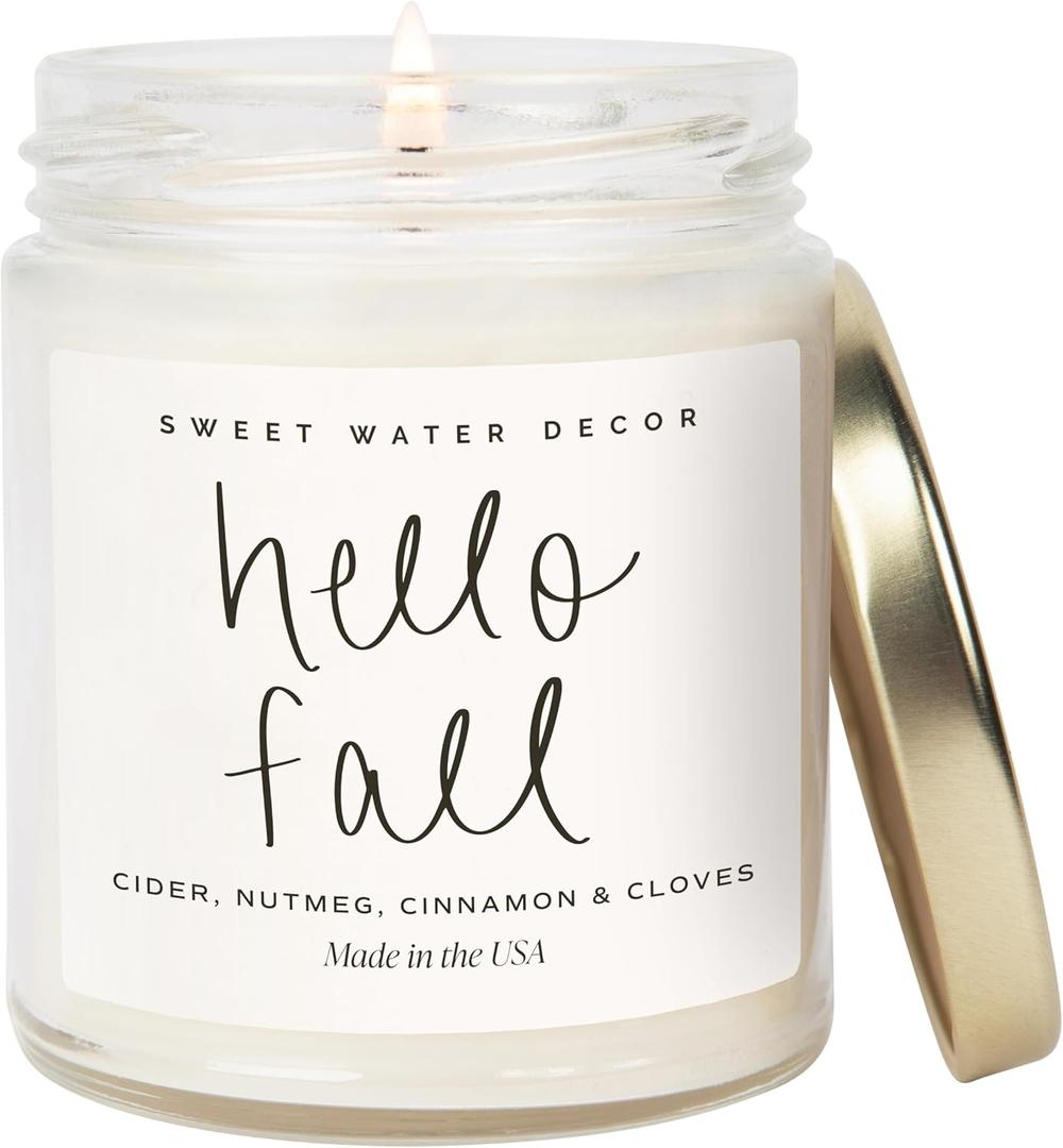 Sweet Water Decor Hello Fall Candle - Cinnamon Apples & Clove Autumn Fall Scented Candle for Home Decor - 100% Cotton Wick Soy Wax Candles with 40 Hour Burn Time - Made in The USA - 9oz Clear Jar (Script Label)