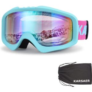 Karsaer Ski Goggles Anti-Fog Snow Goggles OTG 100% UV Protection Snowboard Goggles Bendable Dual-Lenses for Men Women Youth (Matte Mint Blue Frame Green Mirrored Lens Vlt 49%)