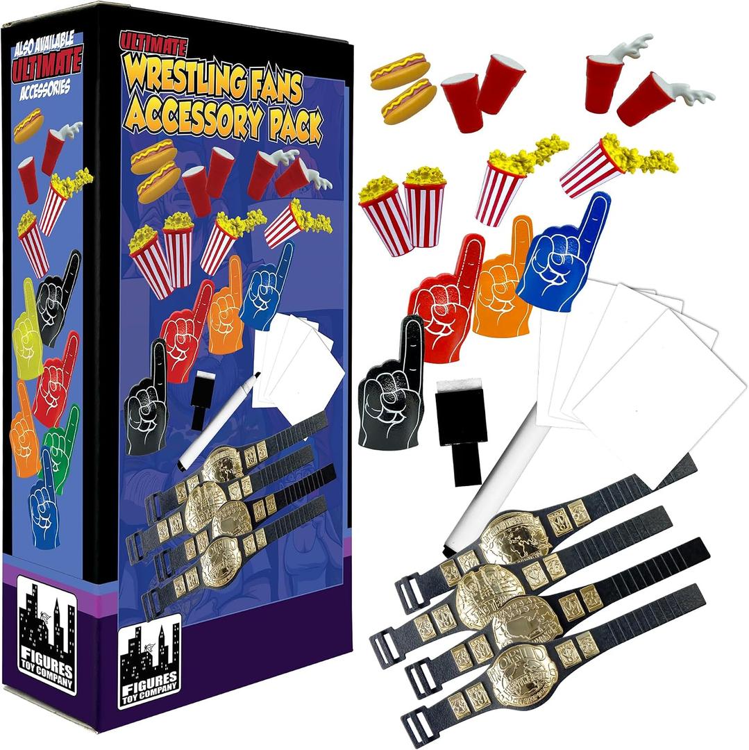 Ultimate Wrestling Crowd Fan Figures Accessory Pack | Energize Wrestling Crowds with 4 Foam Fingers, 4 Popcorn Buckets, 4 Cups, 2 Hot Dogs, 4 Signs and 4 Belts