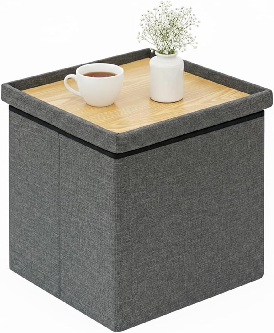 Square Storage Ottoman with Tray Top, Small Linen Fabric Ottoman Cube Coffee Table with Storage, 16" Folding Footrest for Living Room, Dorm, Bedroom, Grey