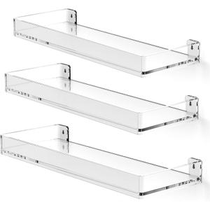 MaxGear Acrylic Clear Floating Shelves with Edge, Wall Mounted Hanging Bookshelves, Decorative Display Wall Shelves Storage Organizer for Bathroom, Bedroom, Kitchen, Easy Installation, Set of 3