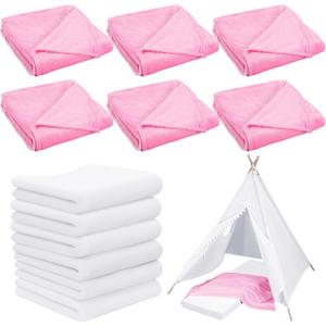 SmoothNovelty 12 Pieces Sleepover Party Supplies Include Soft Throw Blankets and Mattress Sheet(Sheet Only) Pad Covers for Spa Sleepover Slumber Birthday Party Favors (White and Pink)