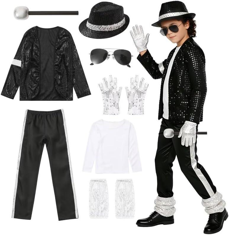 Boys Halloween Costume Set 8 Pcs 80s 90s Retro Dance Disco Cosplay | Retro dress up set with fun accessories for Halloween parties stage shows themed play ages 3 to 12 years