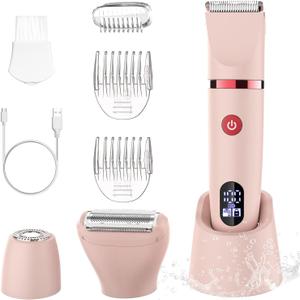 3-in-1 Electric Razor IPX7 Waterproof Bikini Trimmer Wet & Dry Use Painless Personal Trimmer Groomer for Ladies Face Body Legs Bikini Public Hairs Electric Lady Shaver with Replaceable Heads (Pink)
