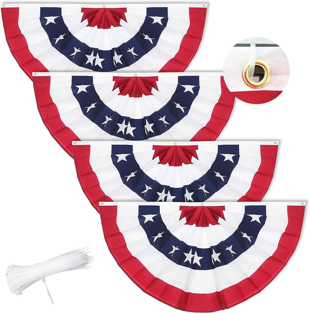 GOAUS 3x6 Ft American Bunting Flags with Grommets&Zip Ties, 4th July 250 Anniversary Decorations Outdoor USA Patriotic Pleated Fan Banners, Red White and Blue Decor for Memorial Day (Set of 4)
