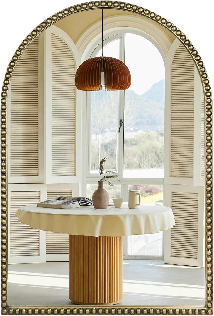 Arched Wall Mirror for Bathroom, 20"x30"-Ornate Decorative Bathroom Mirror with Beaded Metal Frame - Modern Distressed Hanging Wall Decor for Bedroom/Living Room/Entryway-Antique Gold Mirror