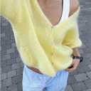 GORGLITTER Women's Cropped Button Up Fuzzy Cardigan Sweater Slouchy 3/4 Puff Sleeve V Neck Knit Tops (Yellow, M)