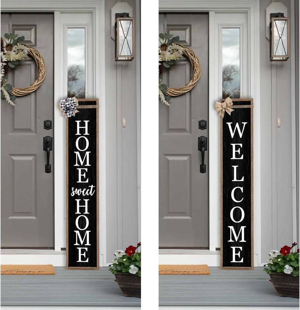 Front Porch for Welcome 2in1 Standing Sign 45"X9" Vertical Tall Long Leaner Outdoor Wood Framed Front Door Decor (Wood Black)
