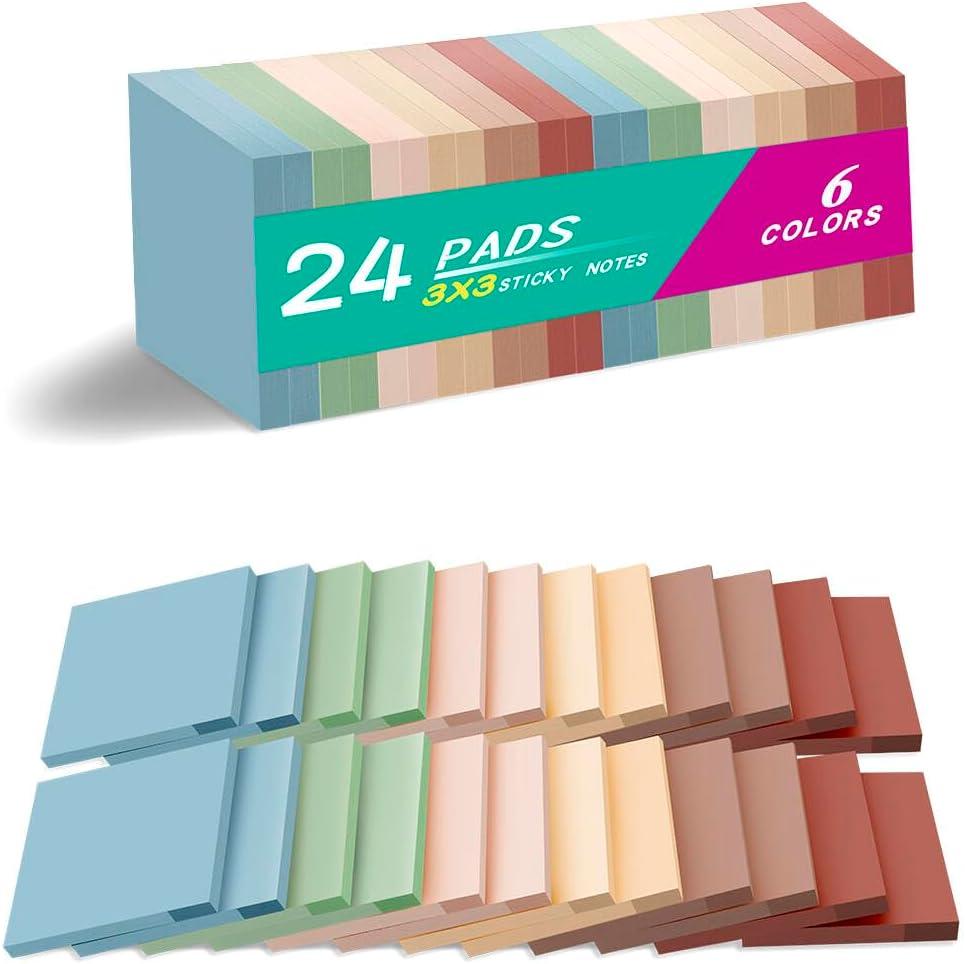 2 x (24 Pads) Sticky Notes 3x3 inch, Self-Stick Pads Vintage Colors Sticky Note, Recyclable, Easy to Post for Home, Office, Notebook