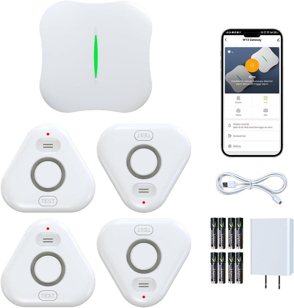 Smart Water Leak Detectors for Home WiFi with App Alerts, Stechro Ajustable 120dB Water Sensor Alarm Leak Detector for Basements Sink Kitchen Laundry, 4 Water Sensors & 1 Rechargeable Gateway (White)