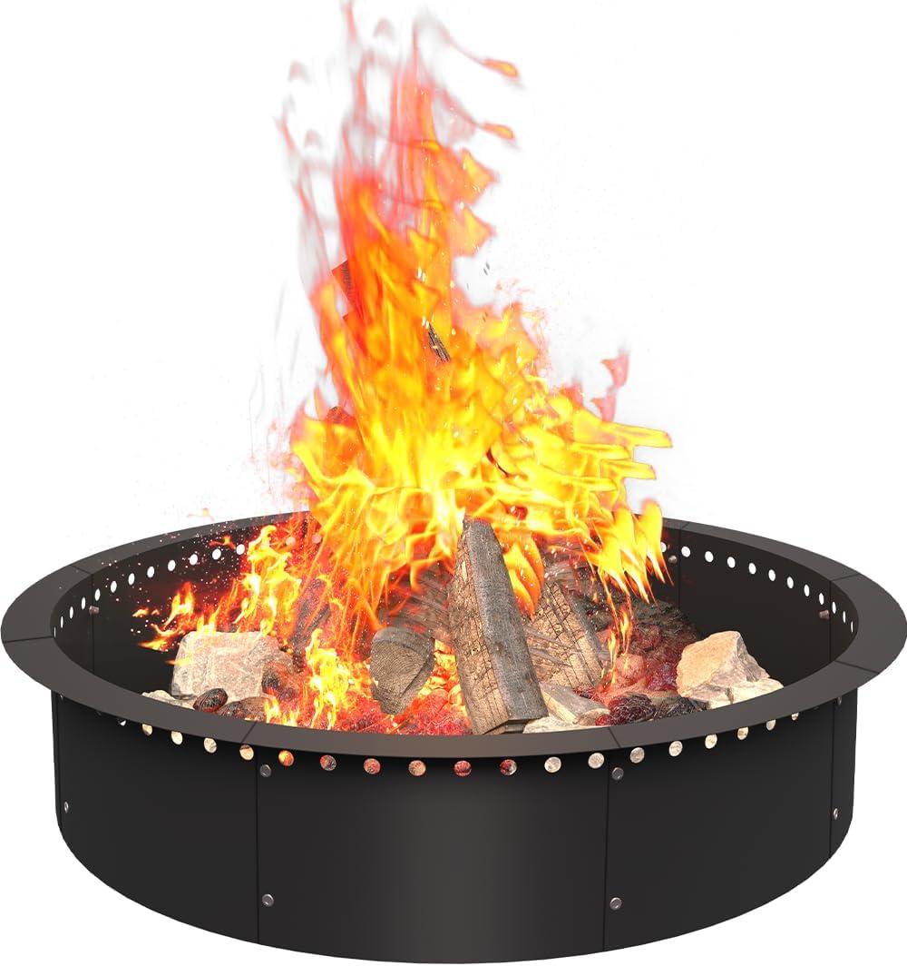 39 Inch Smokeless Fire Pit Ring Insert Outdoor, Heavy Duty Metal Steel DIY Firepit Rim Liner Round Campfire Rings for Outside Wood Burning Above or In-Ground, Black