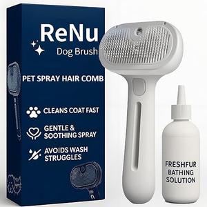 Renu Dog Brush, Renu FreshFur Dog Shower Brush + Bathing Solution, 3 in 1 Self Cleaning Steamy Pet Brushes, Dogs Grooming Tool for Long & Short Hair, Removes Loose Hair Reduces Shedding (White)