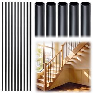 Iron Stair Balusters 5/8" Round Hollow Metal Wrought Iron Spindles for Indoor Staircase & Deck Railing 44" Long Plain Railing Pickets, Satin Black Powder Coated (15 Pack, 44")