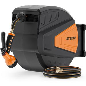 Ayleid Retractable Garden Hose Reel,1/2 in x 130 ft Wall Mounted Hose Reel, with 9- Function Sprayer Nozzle, Any Length Lock/Slow Return System/Wall Mounted/180Swivel Bracket (Black)