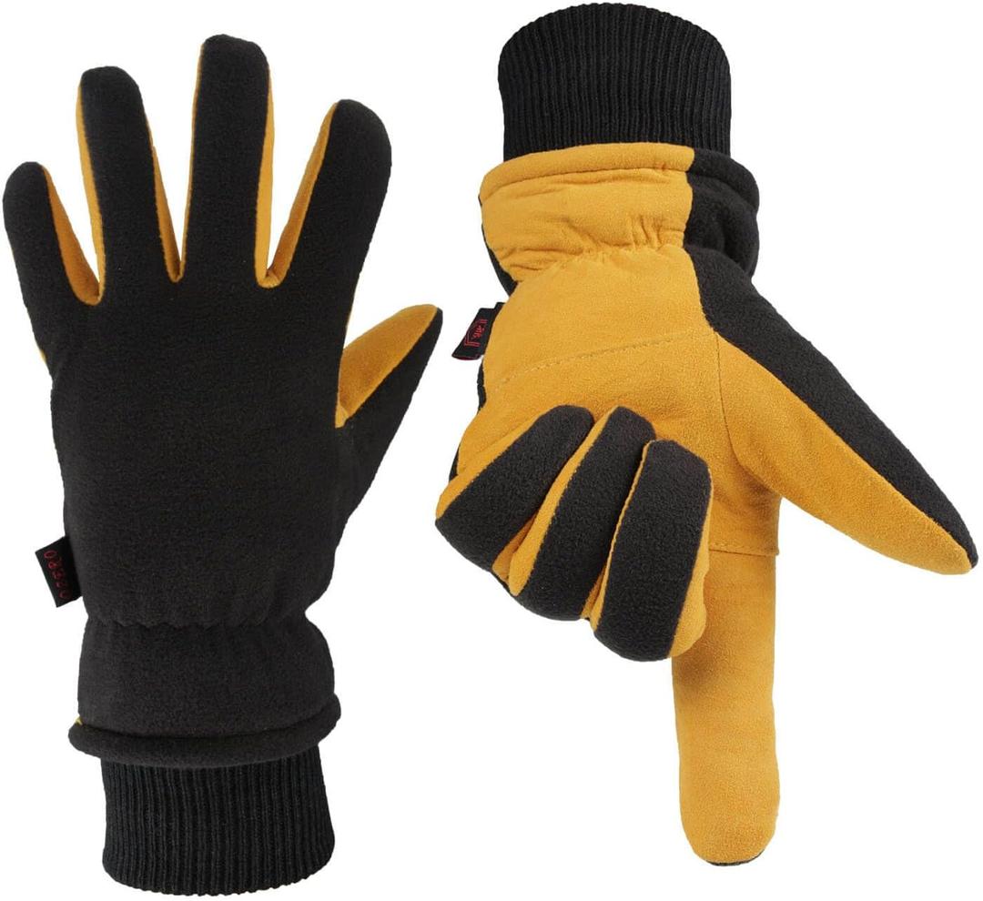 OZERO Men & Women Winter Gloves -30F Deerskin Leather Water-resistant Windproof Cold Weather Glove for Driving Hiking (Medium, Gold-black)