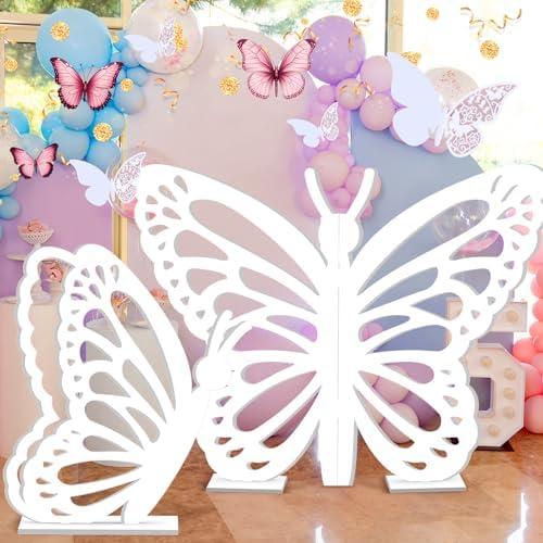 Yousoontic 2 Pcs Large Wooden Butterfly Props - Standing Wings Cutout Backdrop Decoration for Birthday, Baby Shower, Wedding Party (White,2.95 ft and 1.97 ft)