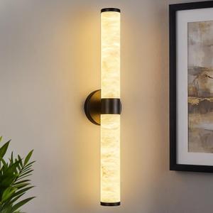 LMQNINE Natural Alabaster Wall Sconces Modern Black LED Wall Lights 24" Spanish Marble Cylinder Sconces for Living Room Bedroom Bathroom Hallway, Staircase1 Pack
