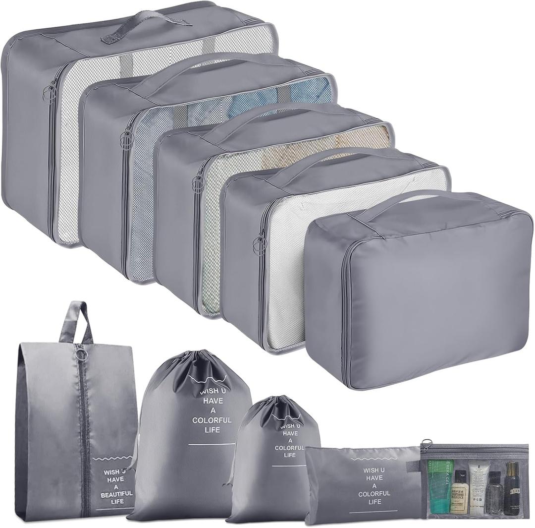 Packing Cubes for Travel-10 Set Luggage Organizer Bags for Family, Mesh Breathable Packing Cubes for Suitcases Durable Travel Essentials Bags Set (Grey)
