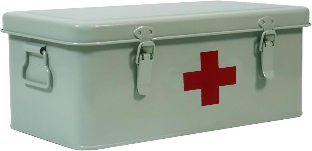 First Aid Medicine Box, First Aid Kit Supplies Bin, Metal Medicine Storage Tin, First Aid Empty Box with Safety Lock for Home Emergency Tool Set-Green