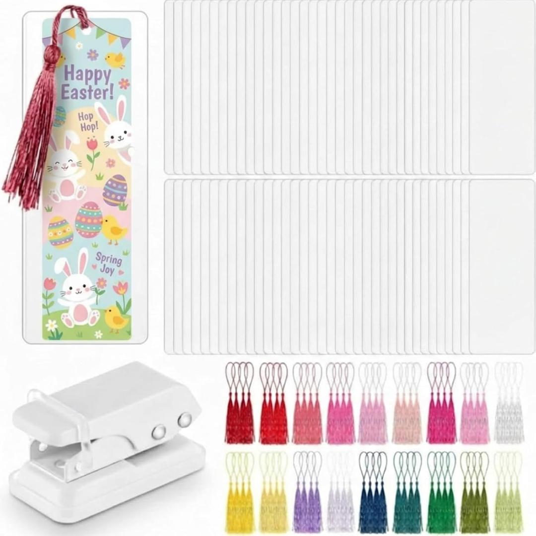 Fuyoooo 101 Pcs DIY Bookmark Making Kit Bookmark Laminating Pouches 5 Mil Hot Laminator Sleeves with Rainbow Tassels and Puncher Fit Most Pouch Laminating Machines Easter Gift(2.36 x 6.3 Inch)