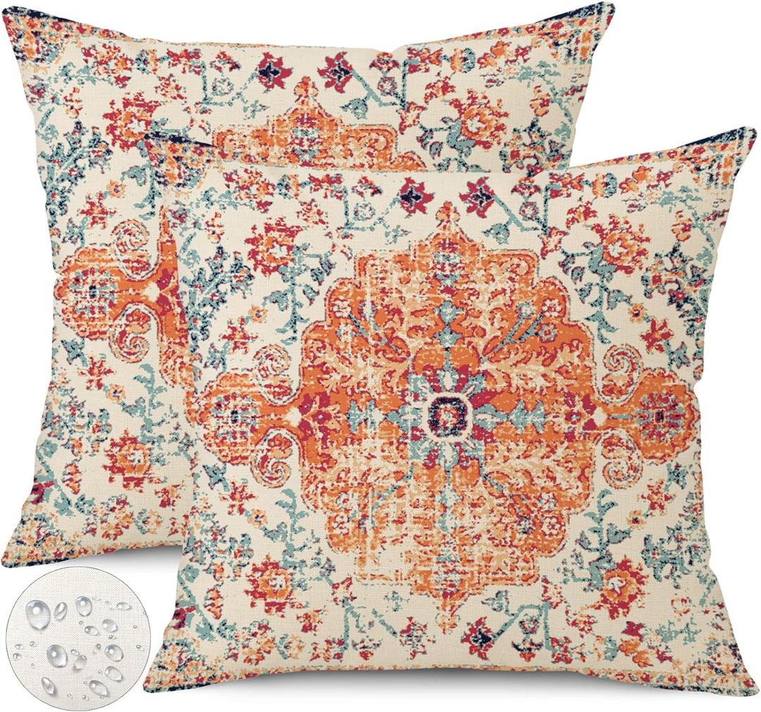 Outdoor Waterproof Pillow Covers 16X16 Inch Set of 2 - Bohemian Vintage Carpet Pattern Orange Blue Ethnic Design Decorative Farmhouse for Couch Garden Balcony