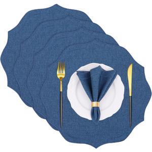 Cotton Linen Round Placemats Set of 4, HADEEONG Table Mats Cloth Placemats, Washable Wrinkle Resistance, Scalloped & Embroidered Fabric Placemats, 15.5 inch (Navy Blue, 4)