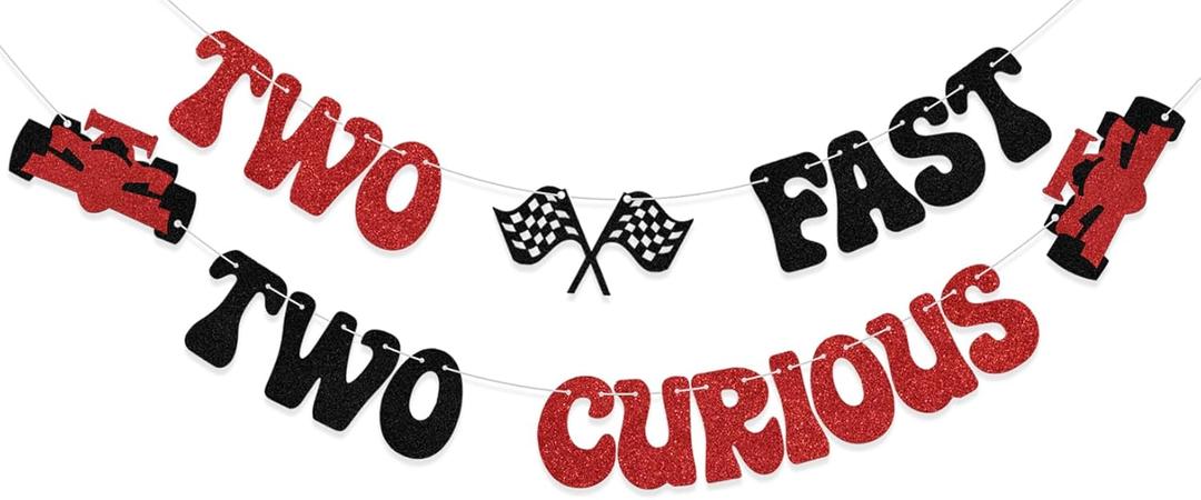 Two Fast Two Curious Banner, Boy 2nd Birthday for Racing Second Party Decorations, Baby Shower Race Car Let's Go Racing Party Supplies, Black Red Glitter