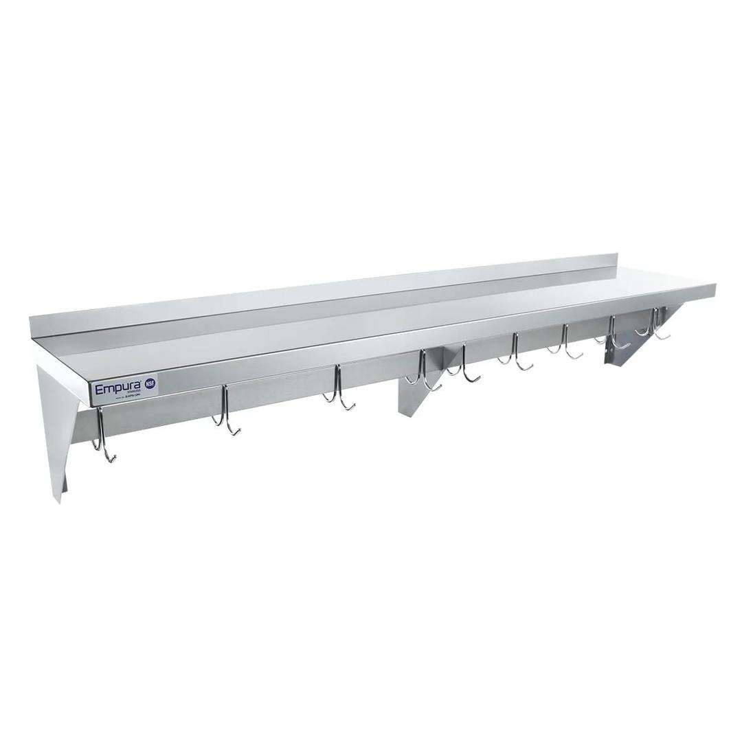 EMPURA 60" x 12" Stainless Steel Wall Mount Pot Rack | Heavy-Duty Commercial Floating Hanging Storage Organizer with Shelf and (18) Galvanized Hook for Kitchen Laundry Utility Room | 60"W x 12"D, NSF