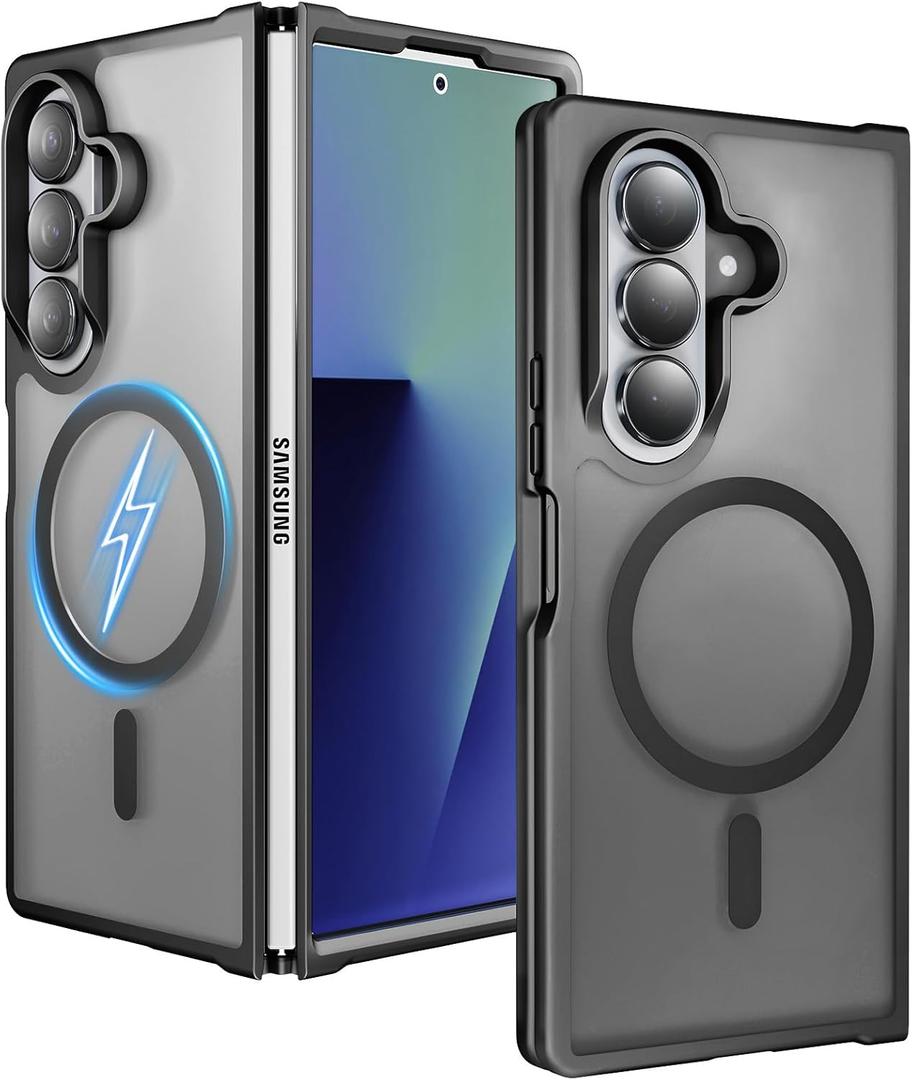 One Piece Design Matte Frosted Magnetic Case for Samsung Galaxy Z Fold 7, Fit for Magsafe, Ultra Thin, Shockproof Anti Fingerprints Translucent Back Integrated Bumper Wireless Charge Cover for Fold 7, Black