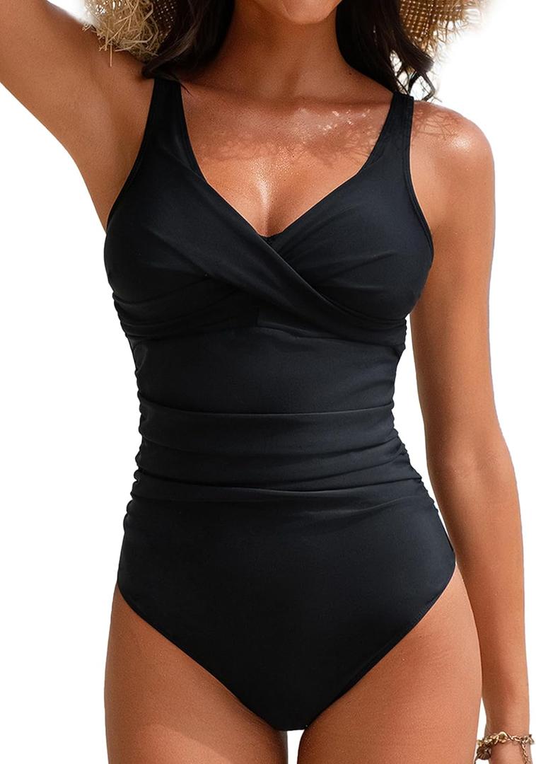 Women's One Piece Swimsuits Tummy Control Bathing Suits for Womens V Neck Criss Cross Ruched Push Up Slimming Swimwear (Large, Black)