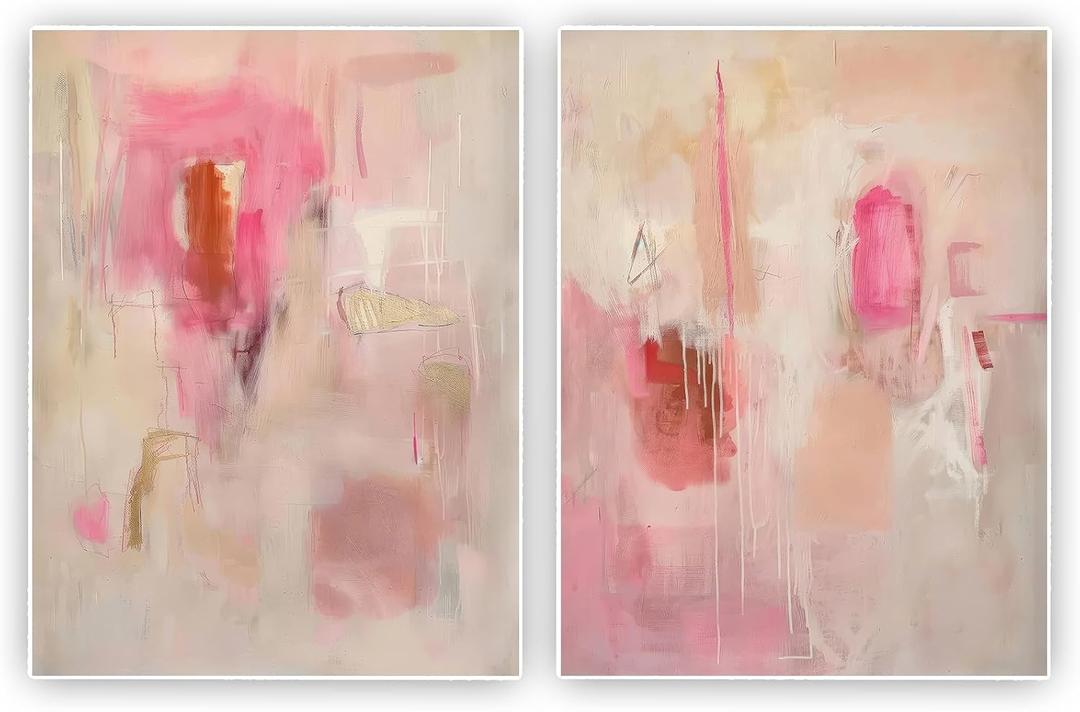 Modern Wall Art Pink Beige Abstract Set of 2 16x24 Inch Unframed 2 Pack