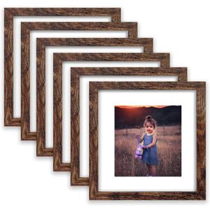 8x8 Picture Frame Rustic Brown Wood Set of 6,Display Pictures 5x5 with Mat or 8x8 Without Mat,Multi Photo Frames Collage for Wall