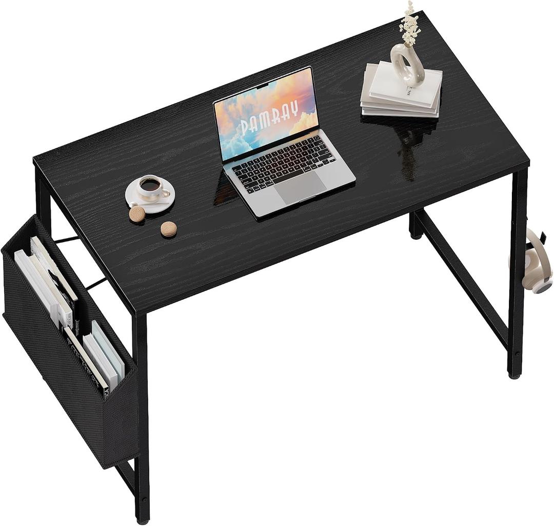 Pamray 32 Inch Computer Desk for Small Spaces with Storage Bag, Home Office Work Desk with Headphone Hook, Small Office Desk Study Writing Table, Black