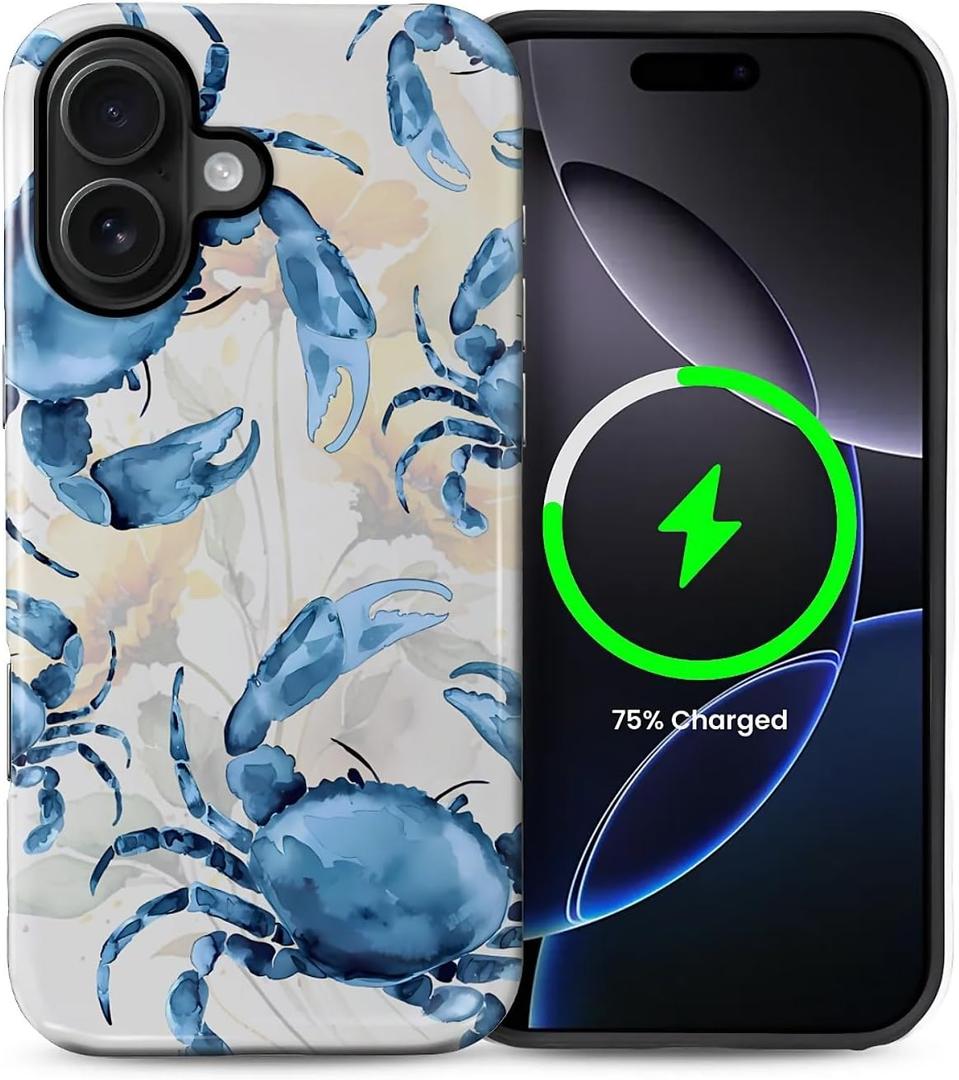for iPhone 16 Case for MagSafe,Hard Hybrid Shell Shockproof Silicone Full Body Protective Non Slip Case for iPhone 16 Watercolor Blue Crab Coastal Vibes Pattern,Watercolor Blue Crab Coastal Vibes, iPhone 16