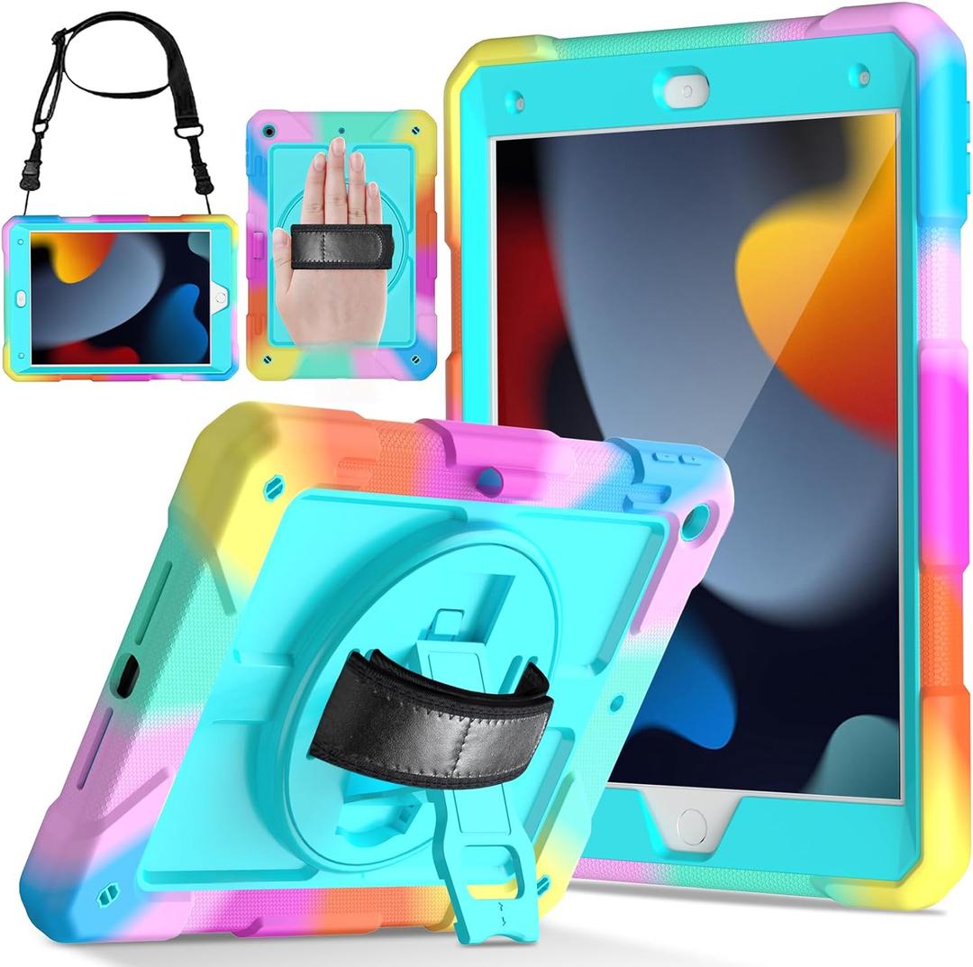 LTROP Case for iPad 9th/ 8th/ 7th Generation (2021/2020/2019), Shockproof 10.2 iPad Cover with Shoulder Strap Pen Holder Swivel Stand, Aqua Teal