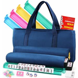 Goldge American Mahjong Set–166 White Mahjong Tiles 4 All-in-One Color Racks with Pushers, 3 Dice, Portable Blue Carrying Bag–Complete Mahjong Game Set, Navy Blue, 10 x 2 x 50 inches