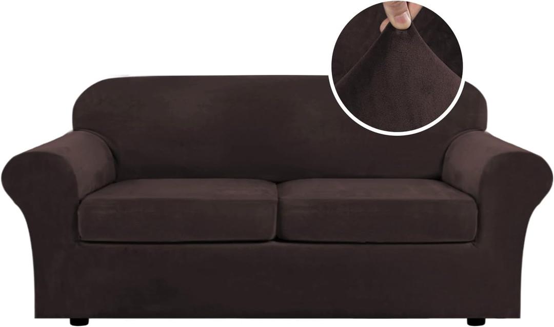 H.VERSAILTEX Real Velvet Plush 3 Piece Stretch Sofa Covers Couch Covers for 2 Cushion Couch Sofa Slipcovers Width Up to 90 Inch Feature Thick Soft Stay in Place (Large Sofa, Brown)